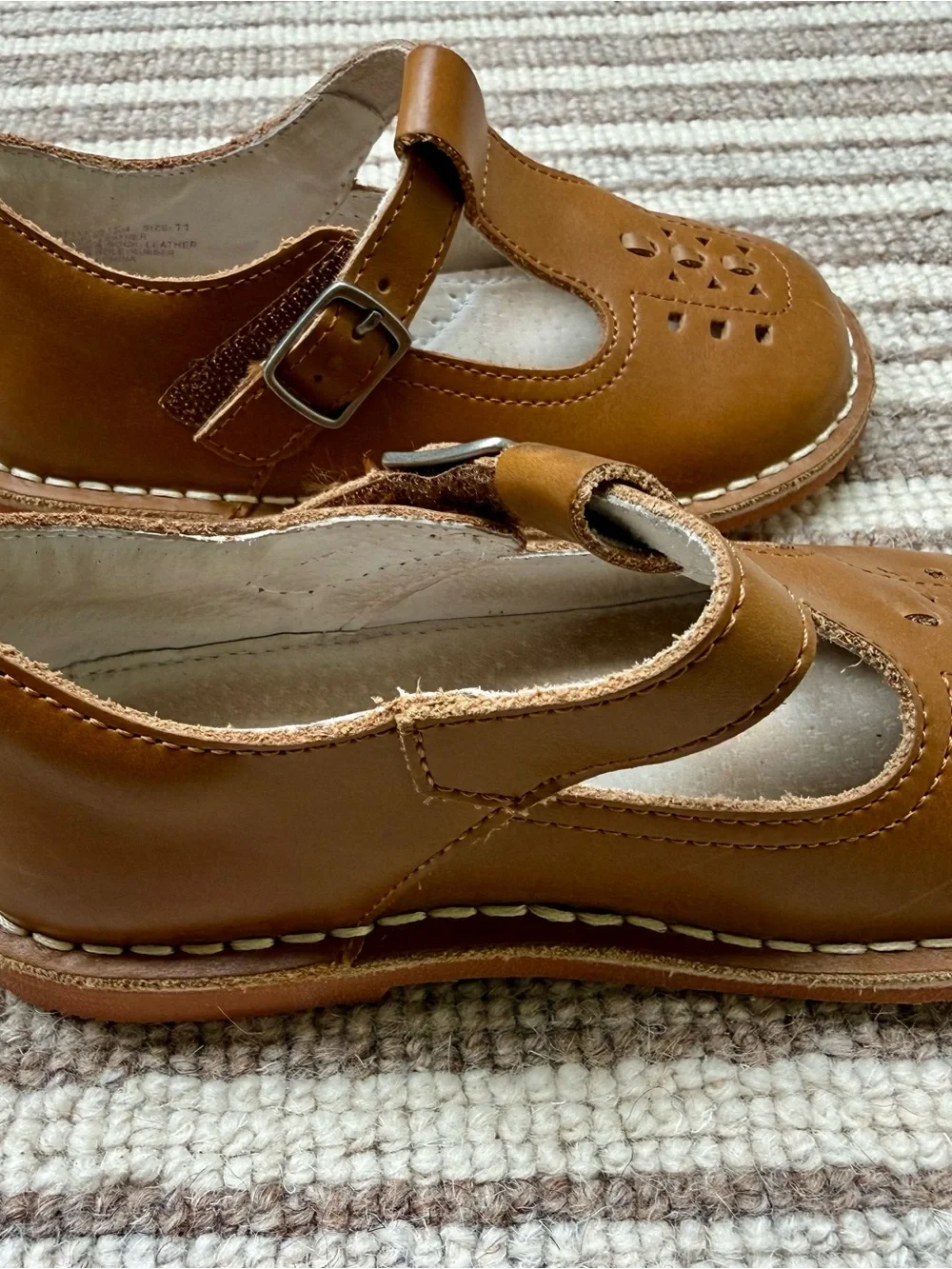 L'Amour Tan Leather T-Strap Mary Jane Kids Shoes